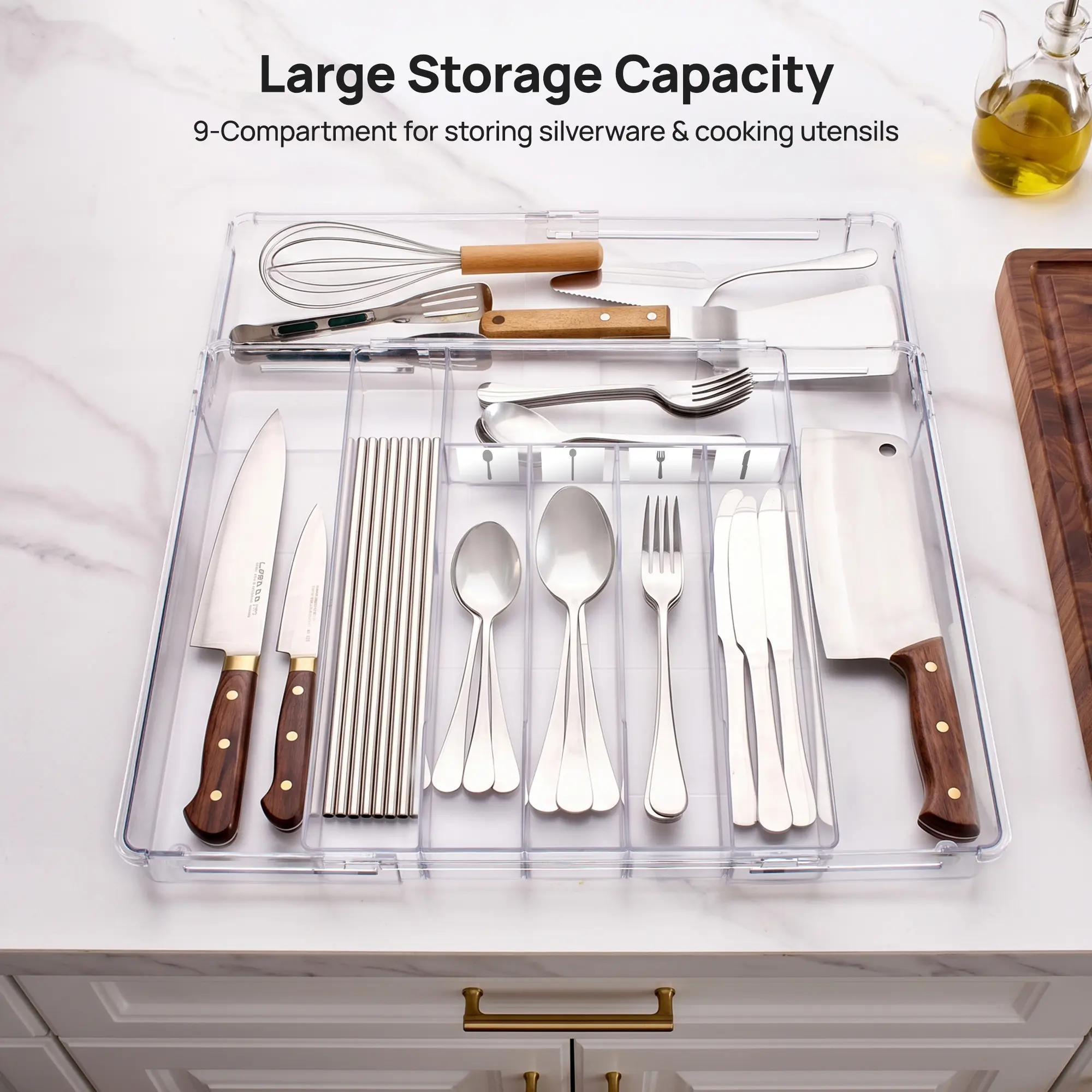 【Video Only】Vtopmart Expandable Silverware Organizer, Clear Plastic Food-Safe Cutlery Flatware Organizer, Kitchen Utensil Drawer Organizer, Adjustable Silverware Holder for Spoons Forks Knives