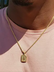 Trendy 14K Gold Plated Initial Fashion Necklace – A–Z Letter Pendant, Alphabet Detail Pendant, Unisex Square Alphabet Jewelry with Rope Chain, Perfect Gift Choice