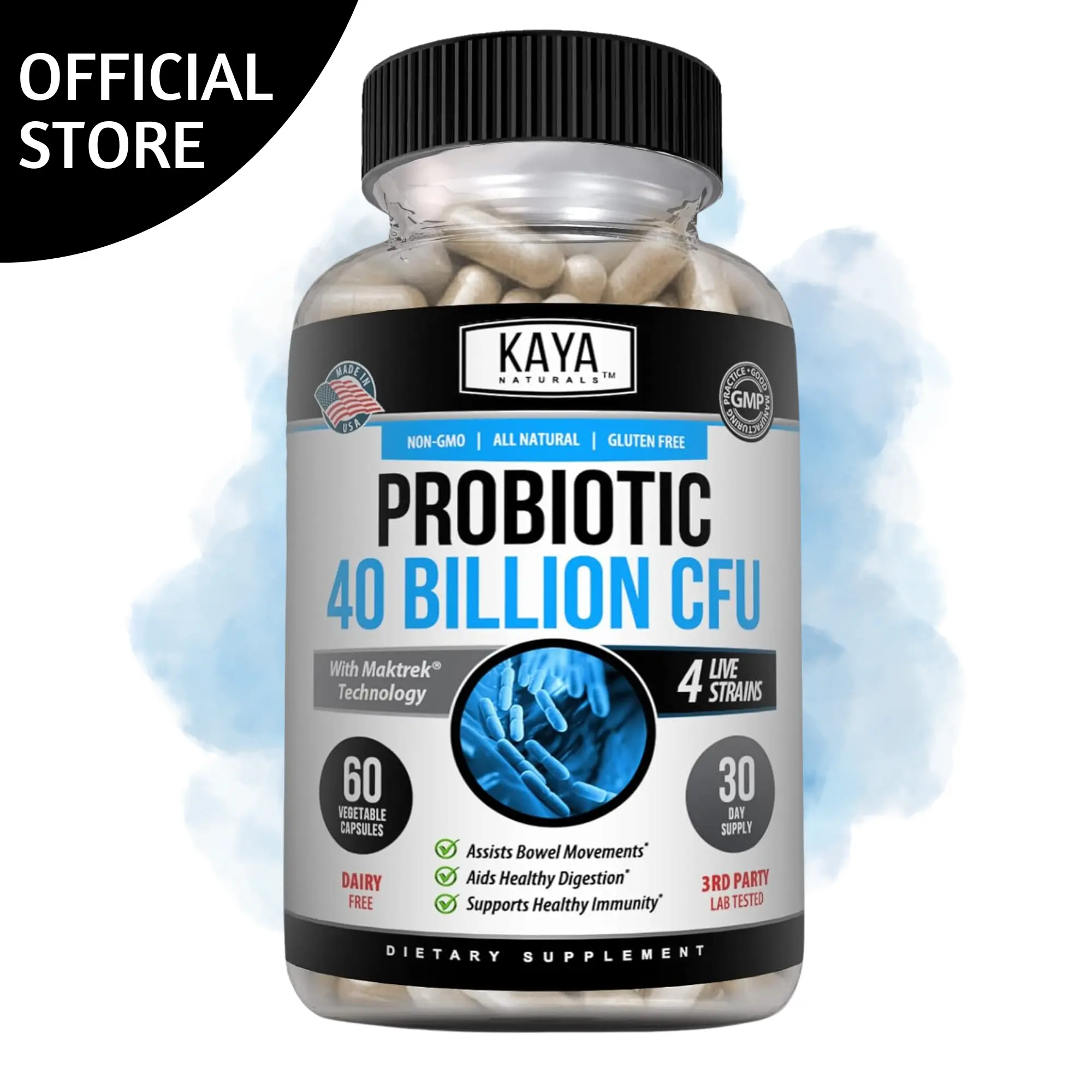 Kaya Naturals Probiotic 40 Billion – Multi-Strain Probiotic Supplement for Men and Women – 60 Capsules