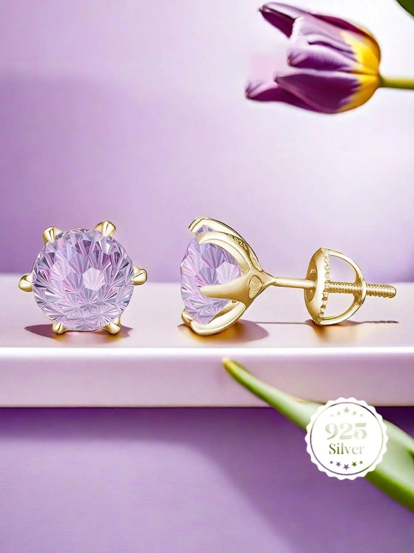 S925 Silver Elegant Earrings Six Claw Screw Studs Synthetic Cz Gemstone, Perfect for Holiday Occasions and Daily Use