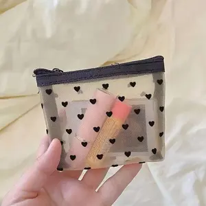 Heart-Shaped Mesh Makeup Bag, Cosmetic Pouch, Style Velvety Transparent Portable Lipstick Storage Bag, Transparent Vanity Bag, Girls Travel Essential Organizer