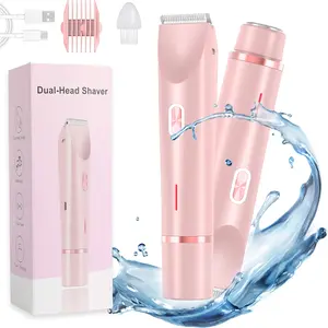 2 in 1 Dual Head Bikini Trimmer for Women, Independent Switch Electric Body Hair Shaver, IPX7 Waterproof Wet & Dry Use Rechargeable Pubic Facial Leg Underarm Hair Remover Groomer Tool