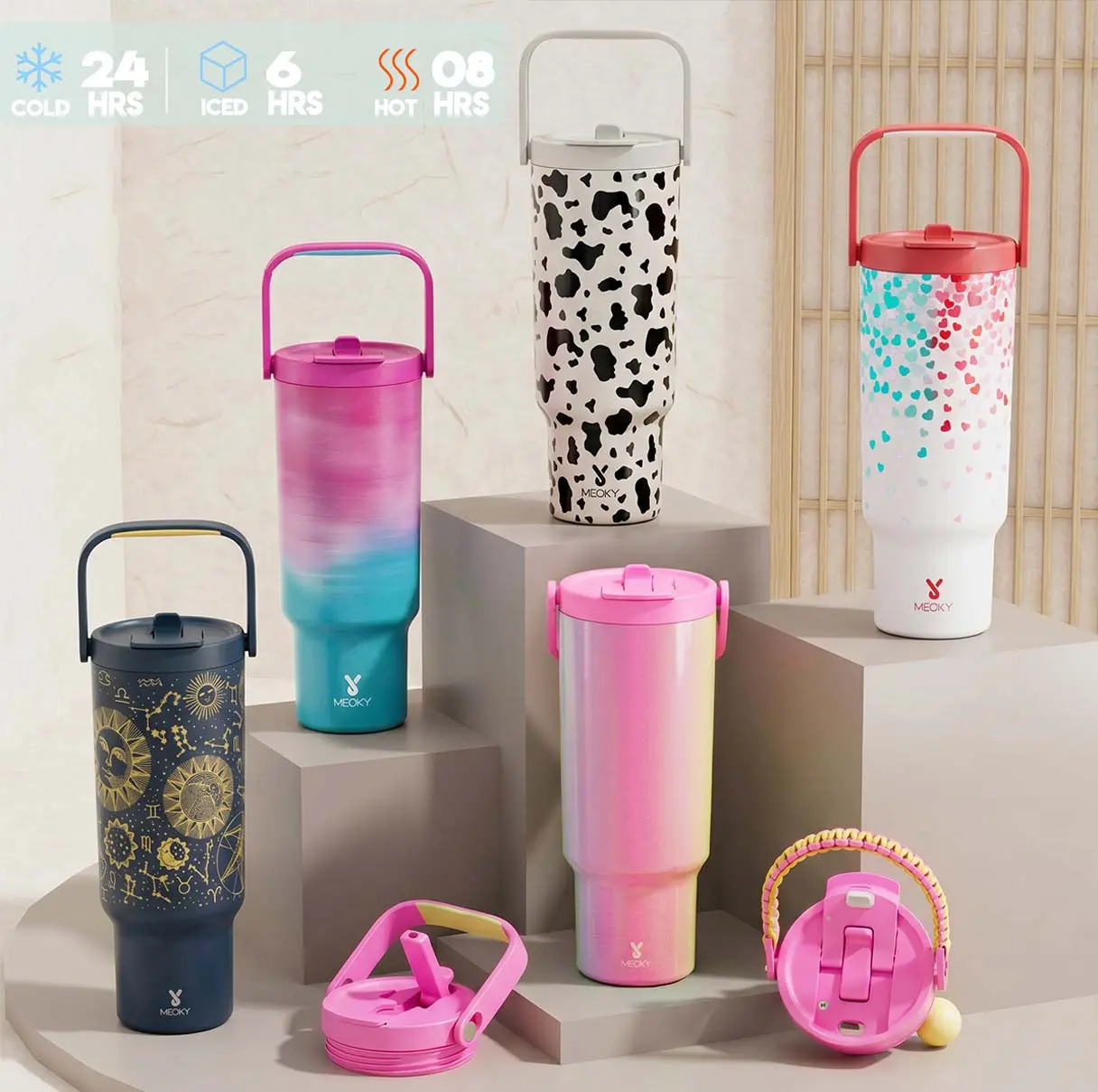 【Meoky】32oz&40oz Dual Drink Ports Tumbler, Meoky Stainless Steel Insulated Travel Mug, Two Carrying Modes, Leakproof Thermal Water Bottle for Car Office,Father's Day Gifts,Graduation Gift,Deals For You