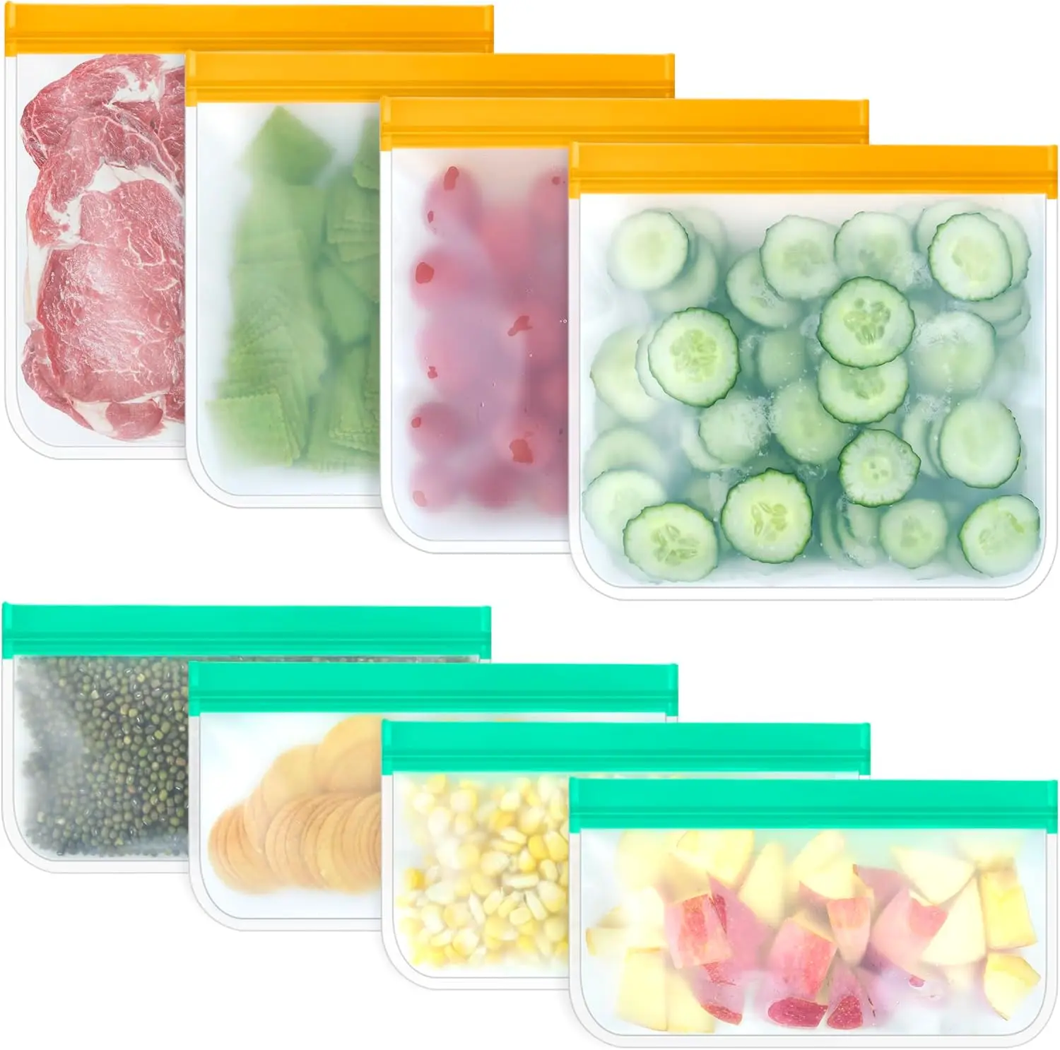 Silicone Storage Freezer Bags, 4 Reusable Sandwich Bags + 4 Reusable Snack Bags, Leakproof Food Storage Containers for Picnic, Work, Home Use