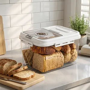 Airtight Food Storage Large-Bread Box Bread Boxes for Kitchen Counter Airtight, Time Recording Bread Storage Container with Lid, Bread Keeper for Homemade Bread, PET Square Flip Top Rice for Kitchen Pantry Organization