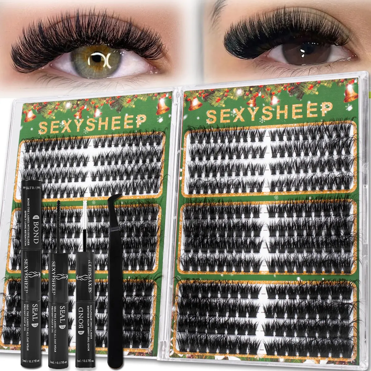 Mixed Style Christmas DIY Lash Extension Kit Volume Lash Clusters 60D+80D+100D+200D with Spikes D Curvature Individual Lashes Lash Clusters Kit Thick Eyelash Extension Kit with Bond& Seal&  Eyelash Tweezers