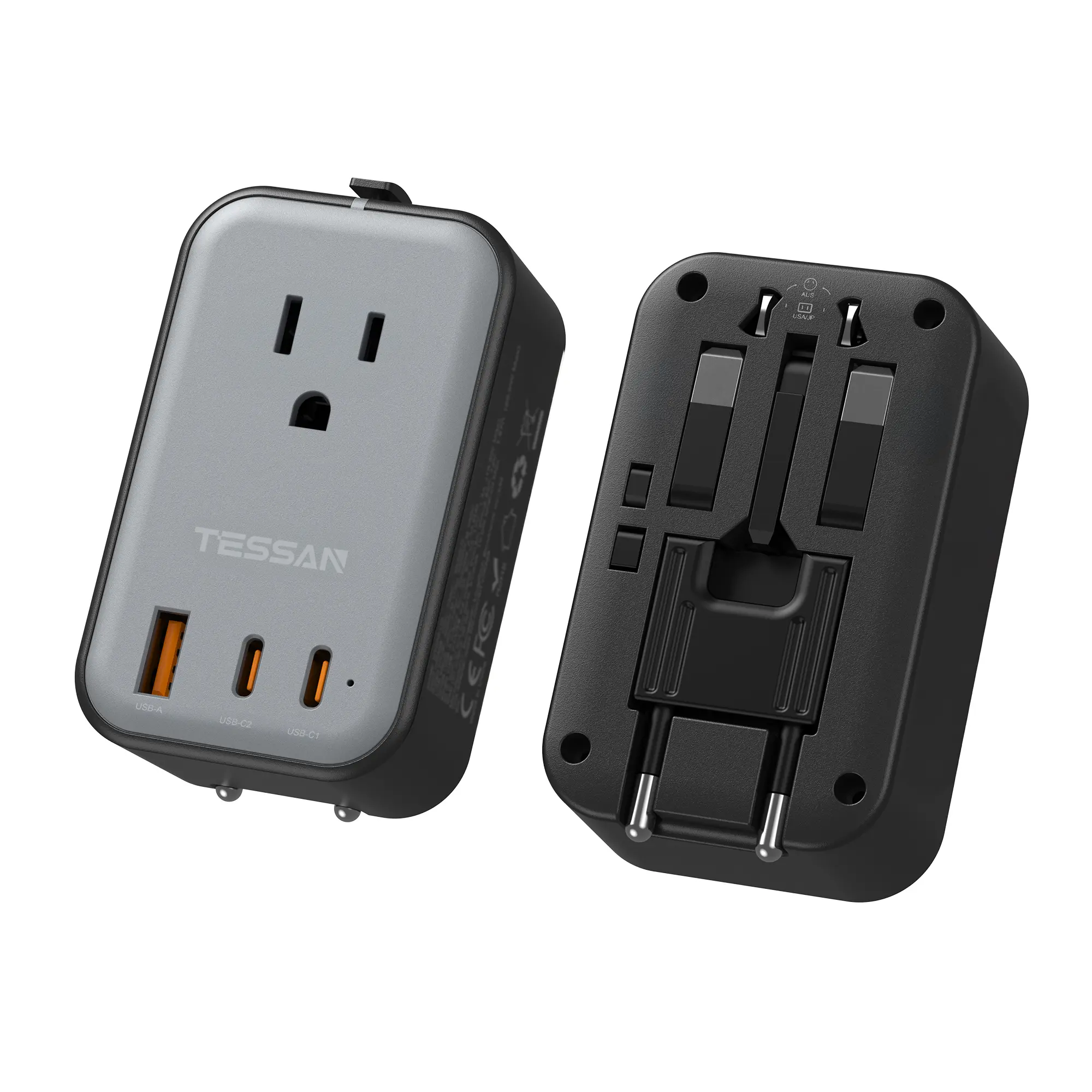 TESSAN Travel Adapter PD 20W, Grey 45W, Universal Power Adapter 2 USB C 1 USB A, Ultra Thin International Plug Adaptor Worldwide Outlet for US to European UK Italy Spain New Zealand (Type C G A I), 1 Pack