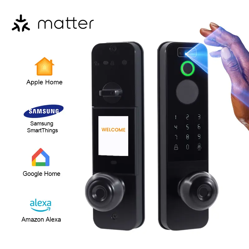 Fingerprint Door Lock Front Door Smart Lock 2K 180° Camera Video Doorbell Palm Vein Face Recognition Keyless Entry App Control Wi-Fi No Monthly Fee Easy Install