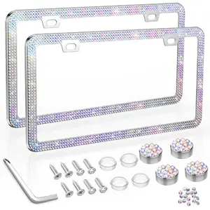 Crystal license plate frame bling cover rhinestone screw set 2 pack AB color car holder universal car license plate frame