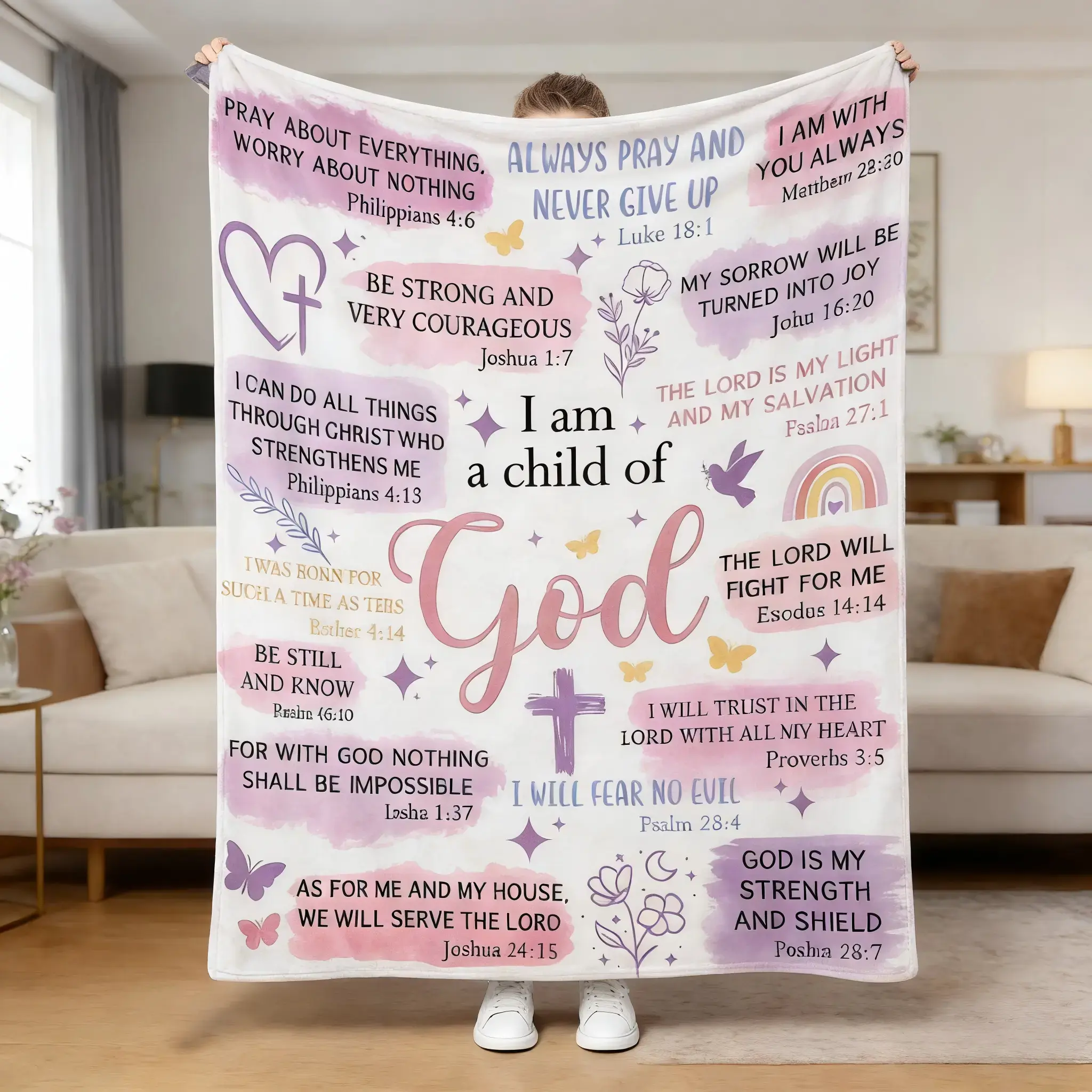 Ultra Soft Flannel Fabric Bible Verse Blanket - I Am A Child Of God Inspirational Scripture, Purple Pink Patchwork, Cross Butterfly Rainbow Floral Bible Prints, Vintage Classic Christian Faith Gift, Indoor Room Decor