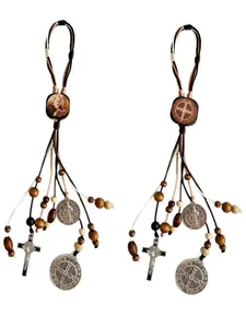 Catholic Christmas Gift Set, 2pcs Medalla De San Benito Escapularios Rosary Beads, Wooden Bead St Benedict Medals for Car Hanging Charm Home Door Hanger Decor Religious Ornaments