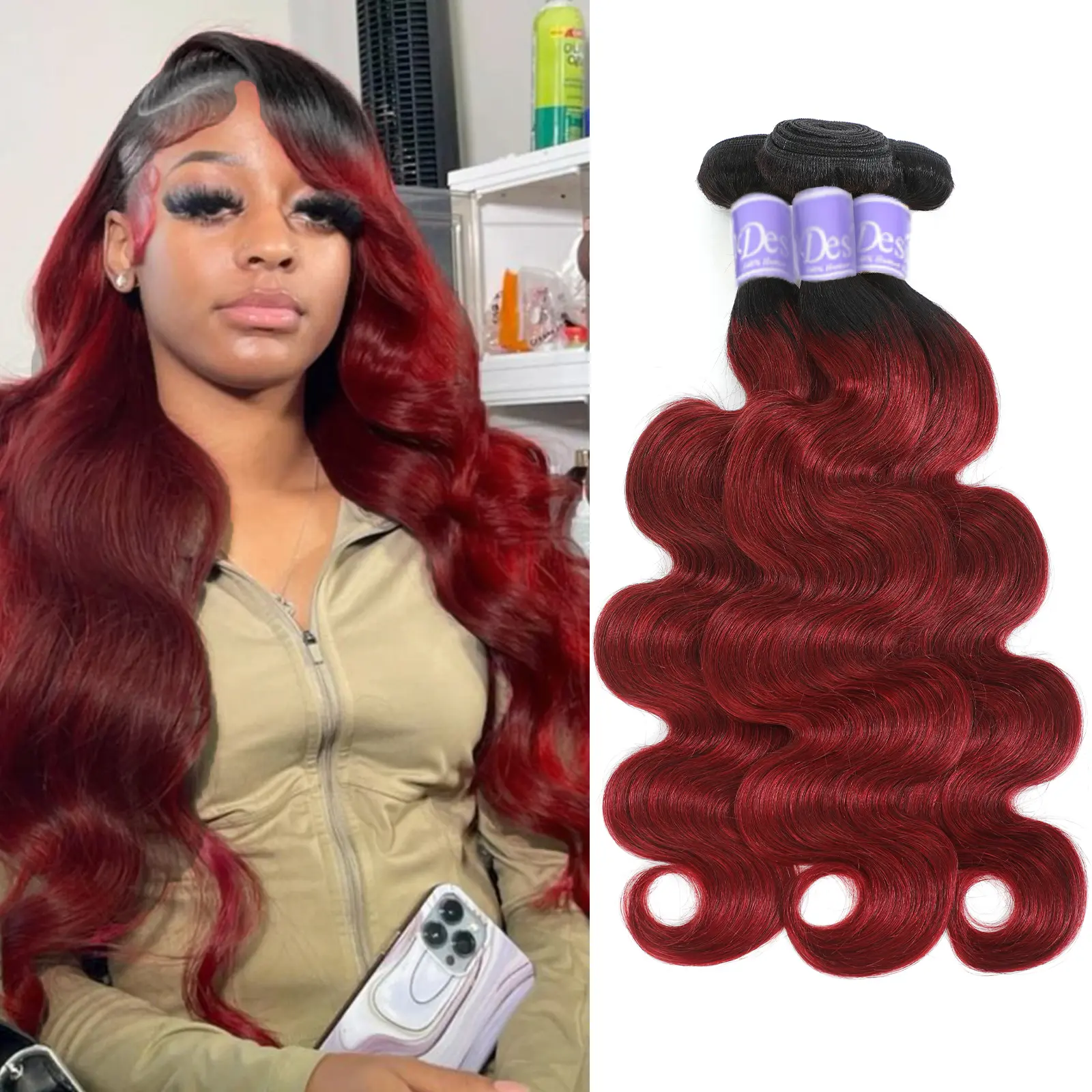 [UDesire] 16A Ombre Burgundy Human Hair Bundles 1B/99j Body Wave Bundles Two Tone Black and Wine Red Bundles 10-26Inch Ombre Burgundy Bundles Double Weft Hair Weave 100g/Pc