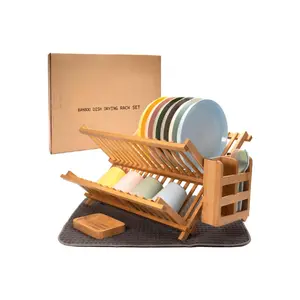 Kitchen Dish Drying Rack for Kitchen Counter - Bamboo Dish Drying Rack - Wooden Collapsible Dish Drying Rack Dishes Drying Rack Kitchen - 2 Tier Dish Drying Rack Small - Dish Strainer - Dishrack