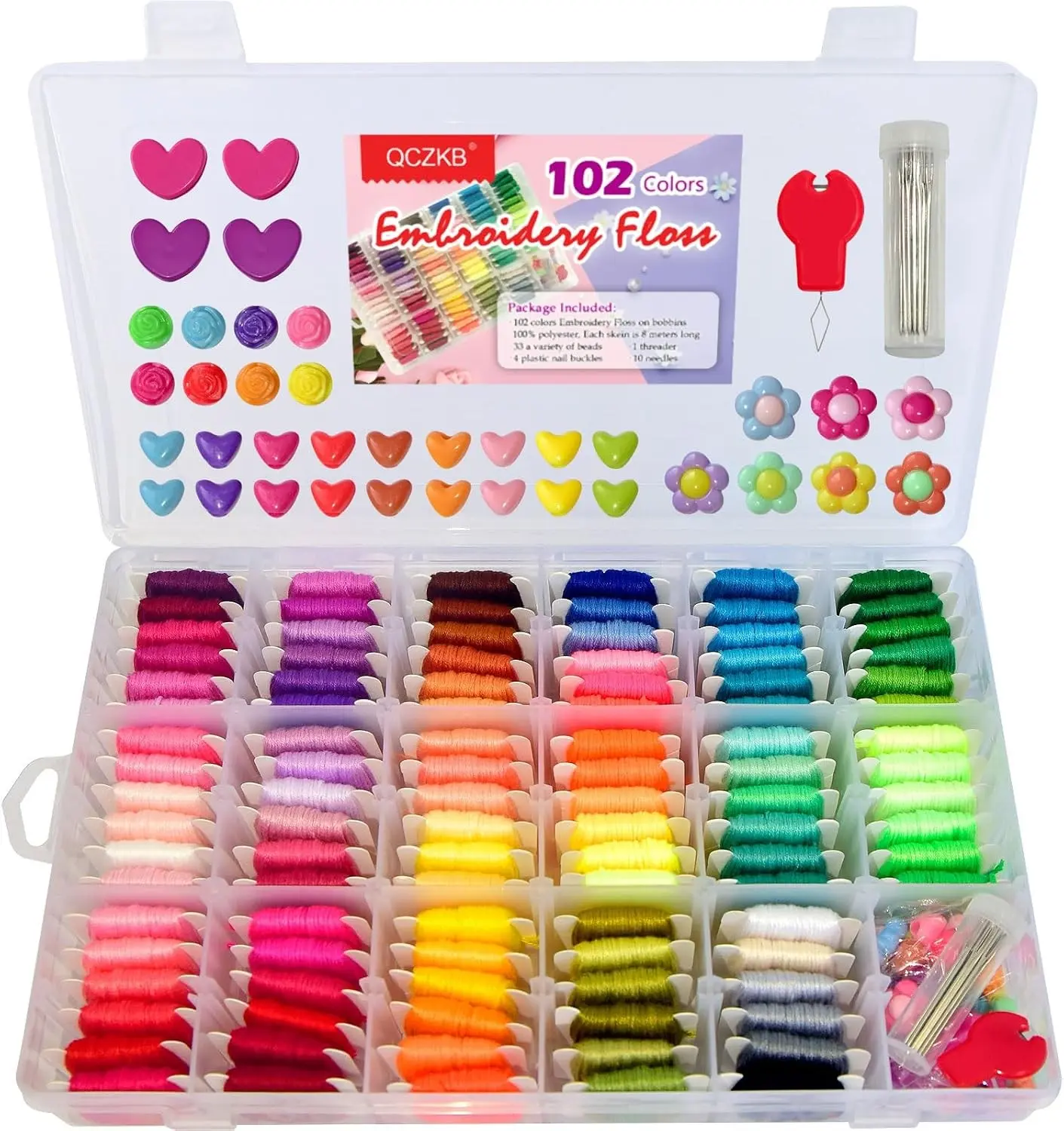 Friendship Bracelet String 102 Skeins Fashionable Rainbow Color Embroidery Floss Cross Stitch Thread Bracelet Yarn Craft Floss with Beads and Tool Kit