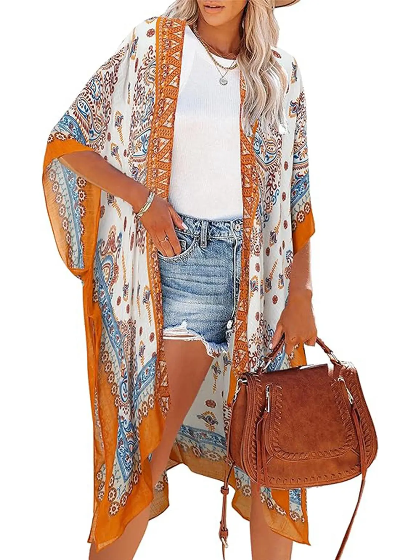 Women's Ethnic Pattern Kimono, Boho Casual Open Front Cover Up for Beach Vacation, Ladies Spring & Fall Clothes, Beach Coverup