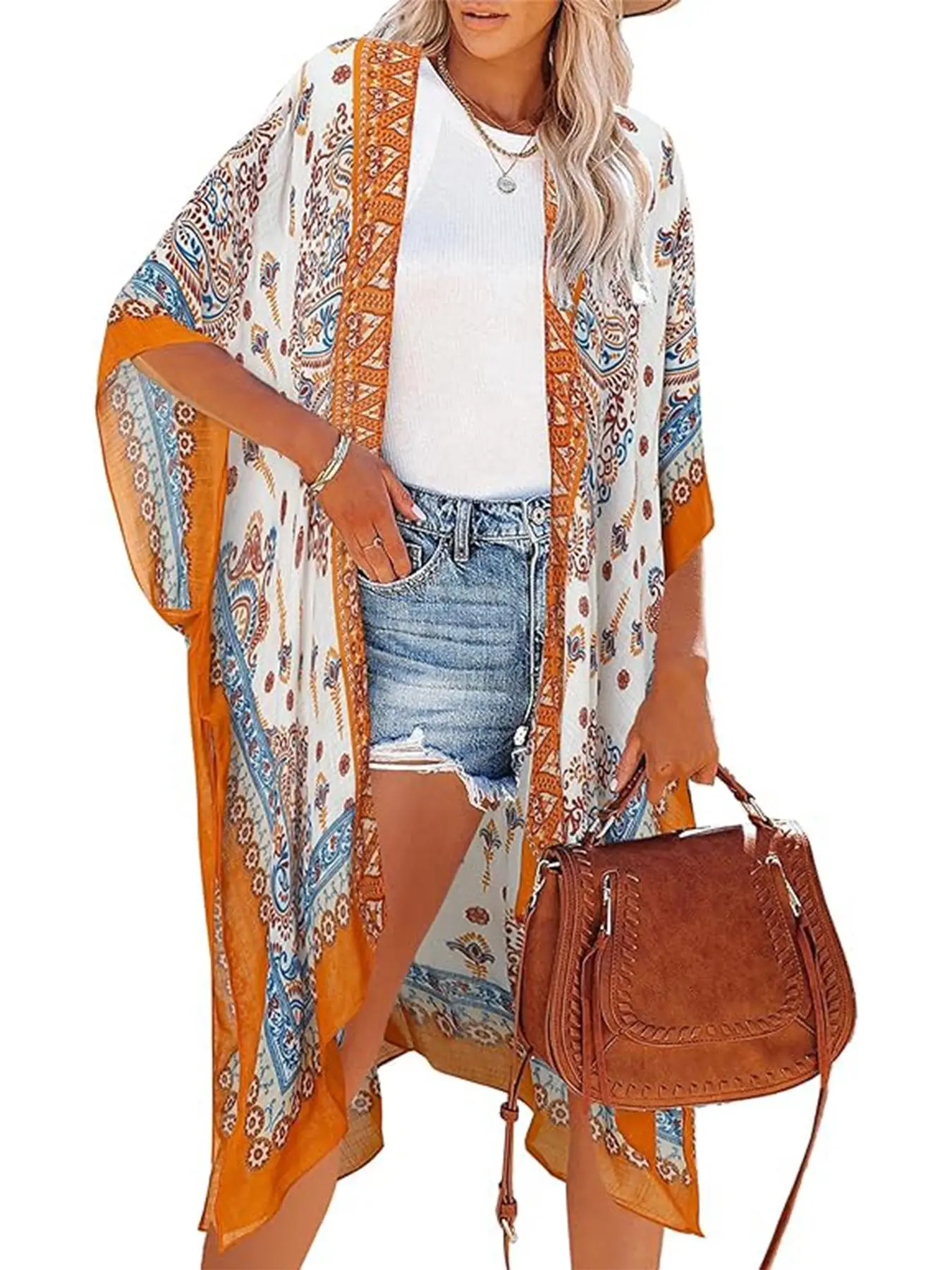 Women's Ethnic Pattern Kimono, Boho Casual Open Front Cover Up for Beach Vacation, Ladies Spring & Fall Clothes