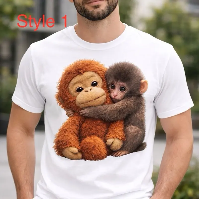 Men's T-Shirt, Soft Classic Fit Crew Neck with Playful Monkey Graphic, Breathable Cotton-Polyester Loungewear Top, Casual Wear