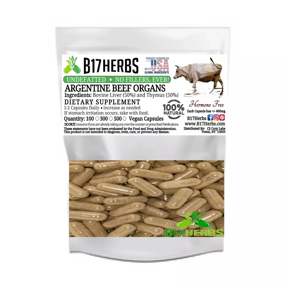 Argentine Beef Thymus w/Liver Blend - 600mg Grass Fed Gluten Free - 100 Veggie Capsules