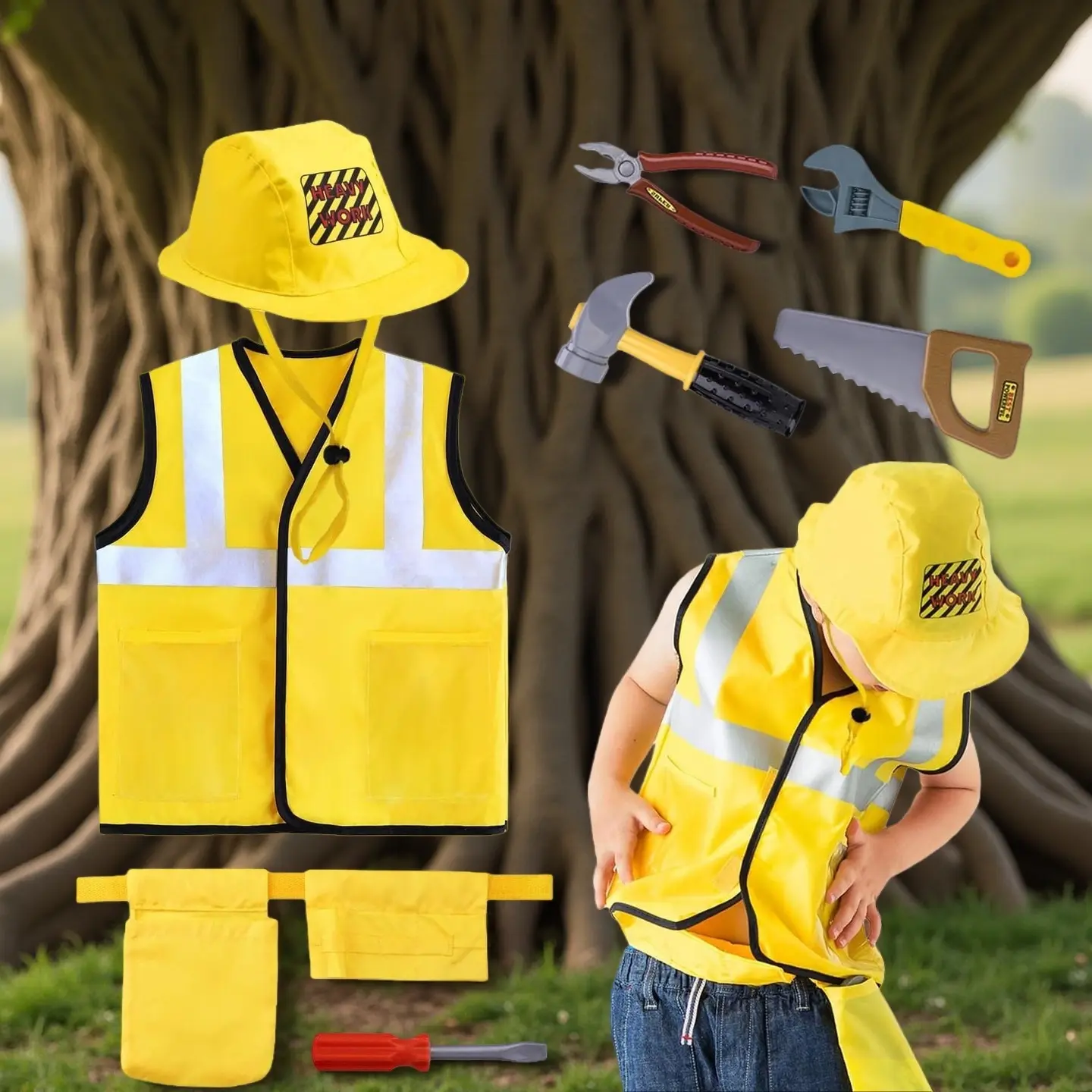 Kids' Construction Worker Costume, Nylon Builder Dress Up Clothes with Vest, Hat, Tool Belt & Toy Screwdriver for Birthdays & Pretend Play, 1 Durable Nylon Vest, 1 Toy Hammer, Tools And Gadgets, Career Play, Reflective Stripes, Birthday, Tool Kit