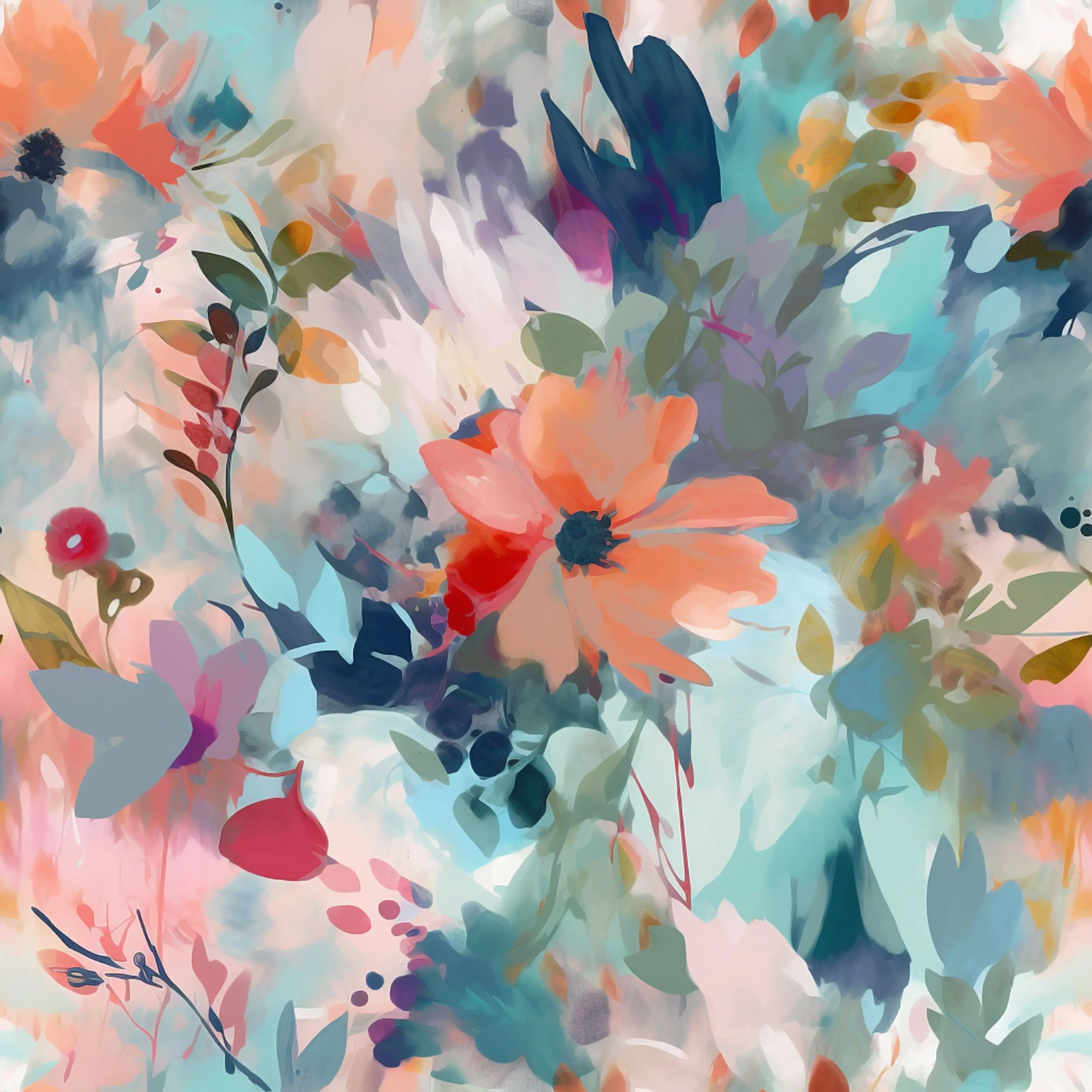Teal, Orange, Pink Watercolor Floral – 100% Quilting Cotton Fabric by the Yard