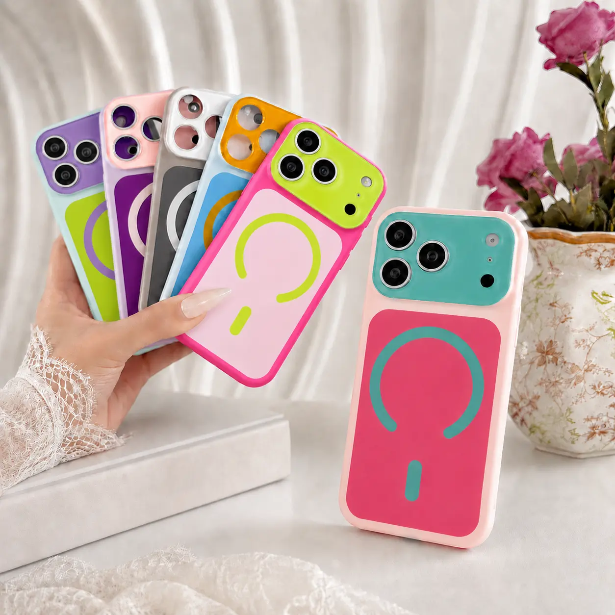 Color Block Magnetic Phone Case, Cute Soft-Touch Protective Cover with Raised Camera Guard, Precise Cutouts, Slim Shock-Absorbing Design, Wireless Charging Compatible, Multiple Colors