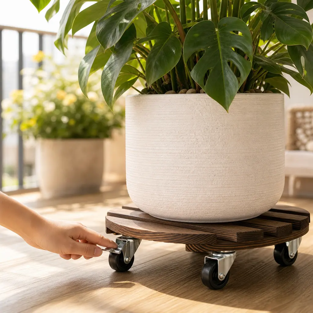 Wooden Plant Caddy with Lockable Wheels, Round Carbonized Plant Pot Roller Dolly, Heavy Duty Plant Stand Mover for Indoor Outdoor Garden