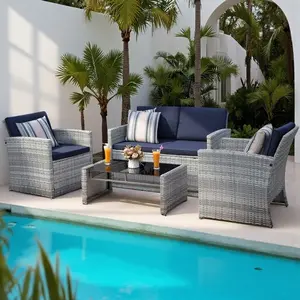 【Restock】Murago 4 Piece Patio Furniture Set, Wicker Outdoor Conversation Sets, Patio Furniture with Matching Wicker Coffee Table, Sofa, and 2 Chairs,Grey Rattan with Navy Blue Cushion