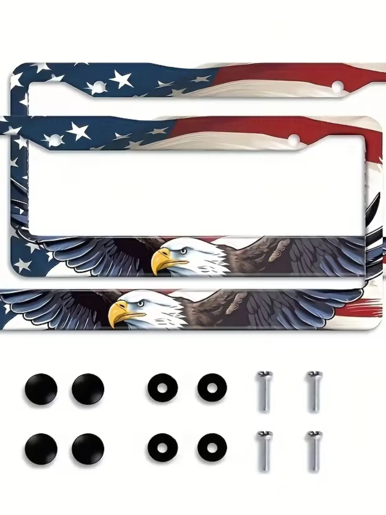 2pcs American Flag Eagle Emblem Automotive License Plate Frame, High-Grade Aluminum Alloy, Windproof Rainproof, Fits All Vehicles, Car Accessories