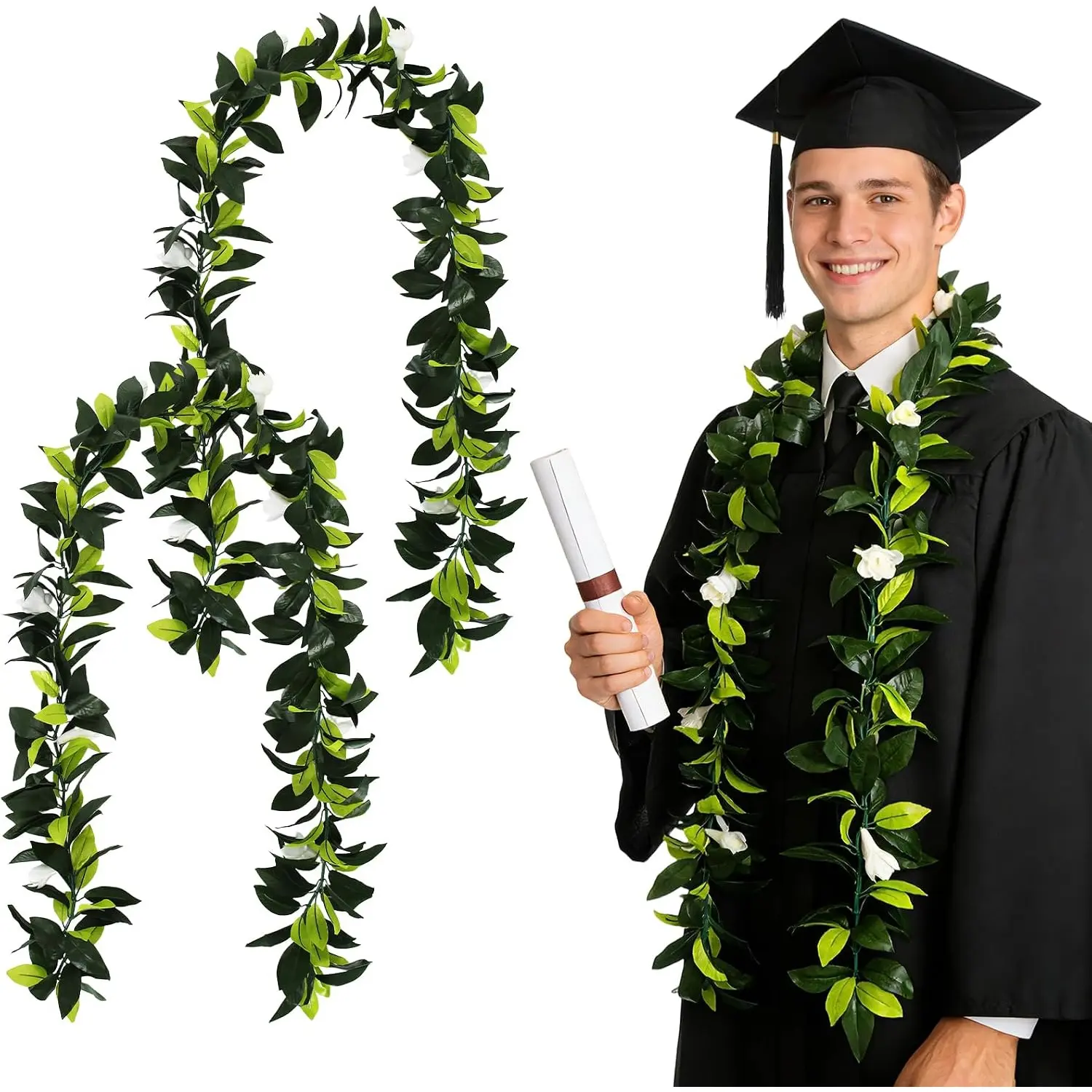2 Pcs Hawaiian Graduation Leis 5.9 ft Maile Lei Green Garland with White Tuberose Class of 2026 Grad Gifts Leaf Flower Necklace for Wedding Luau Aloha School Ceremony Summer Party Supplies