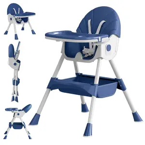 Baby High Chair, 5 in 1 High Chairs for Babies and Toddlers, Travel Foldable High Chair with Foot Rest, Detachable PU Cushion, Double Removable Tray, Adjustable Height & Recline, navy blue