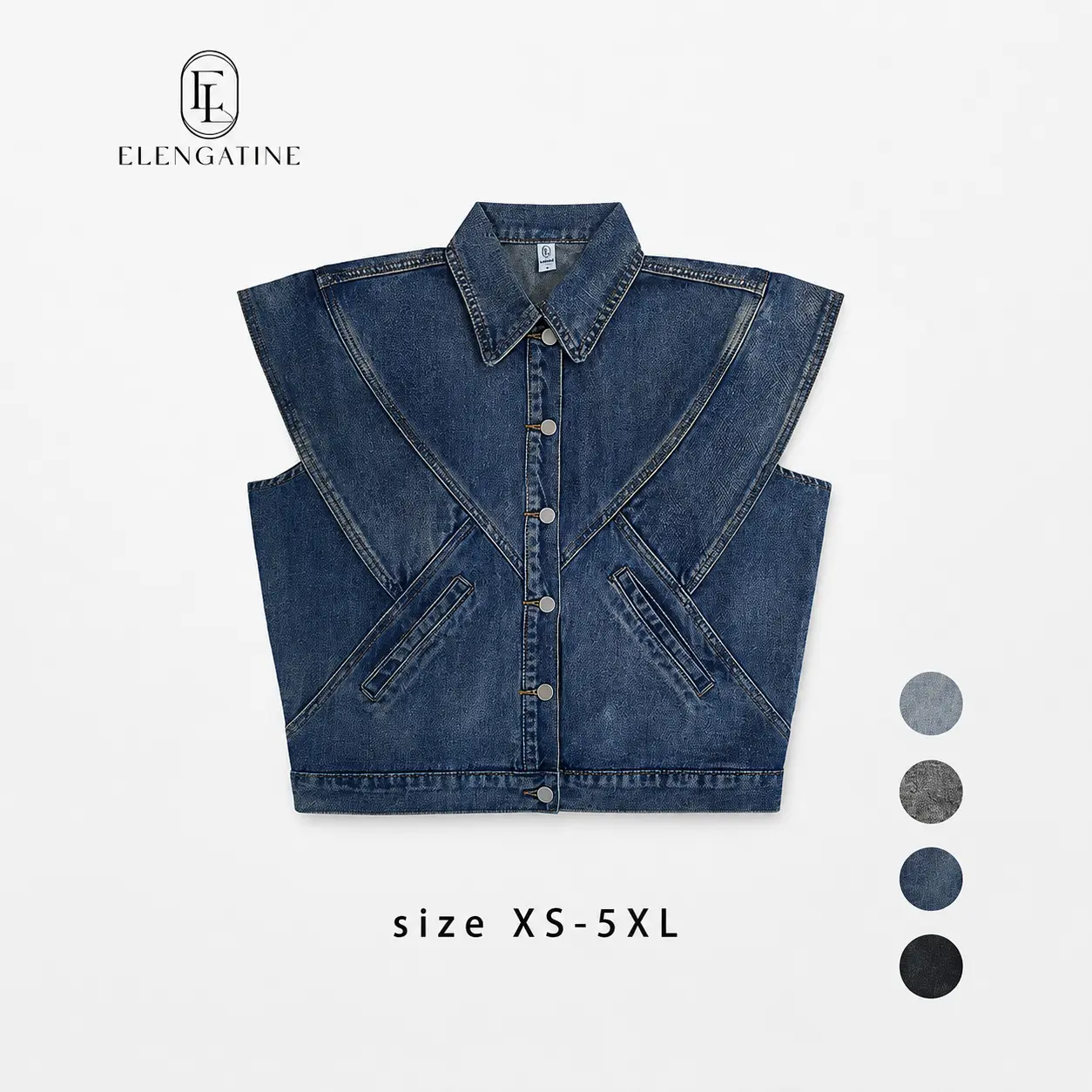 Women's Collared Vintage Bohemian Denim Sleeveless Blazer Vest - Plussize Basic Minimalist Clothes, Wide Shoulders, Slit Pockets, Button-Front Closure, Fitted Chic Style for Casual Winter-Summer Wear,clothes for back to school,first day of school outfits