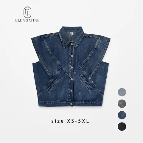 EL ELENGATINE Women's Collared Layer-Ready Denim Sleeveless Blazer Vest - Plus Size Fashion, Wide Shoulders, Round Slit Pockets, Button Front Closure, Fitted Chic Minimalist, for School & Winter Wear,sohochic