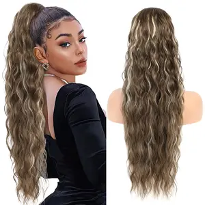 Ponytail Extension Curly Drawstring 24 Inch Synthetic Hair for Women Brown Mixed Blonde Daily Party Use