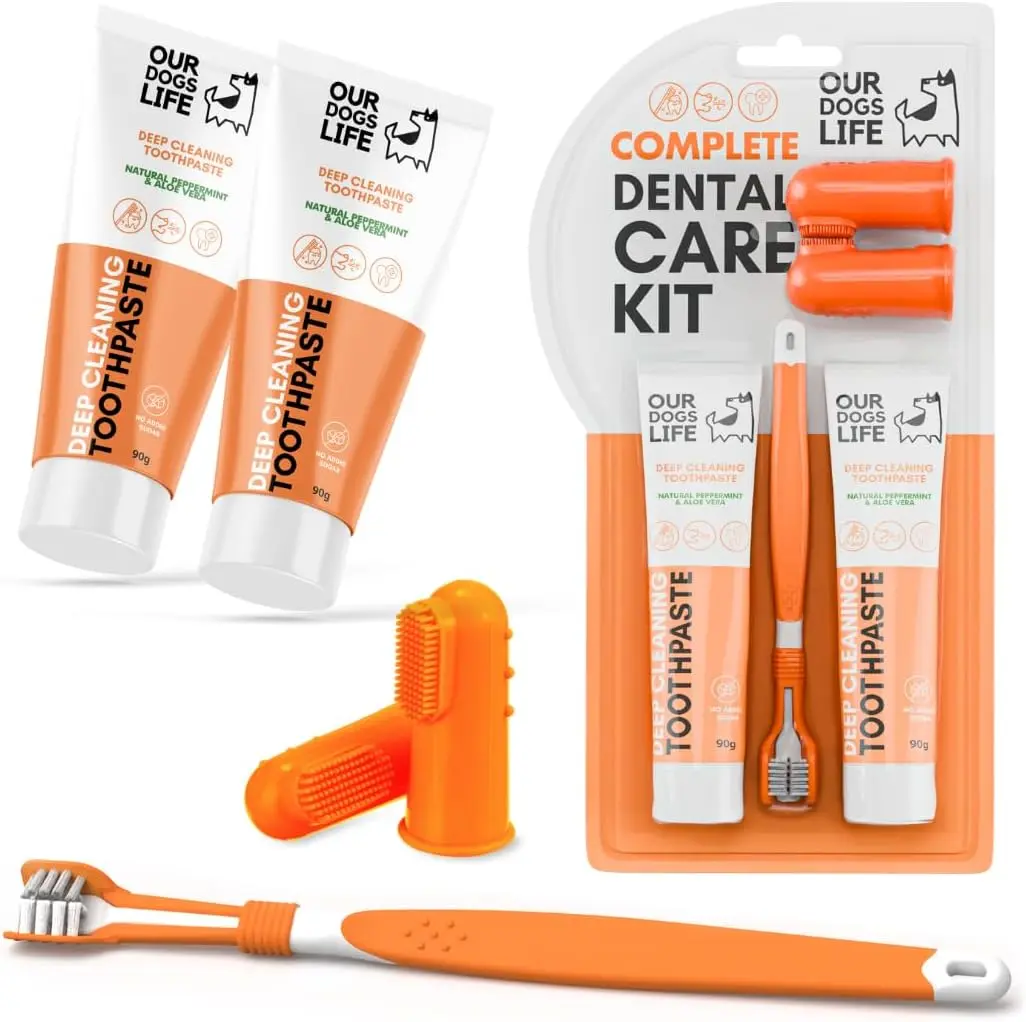 Dog Dental Care Kit Multi-Pack (5-Piece) - Triple-Head Deep Cleaning Dog Toothbrush, 2 Natural Toothpastes (90g Each), 2 Finger Brushes for Pet Oral Care, Plaque Removal & Breath Freshening