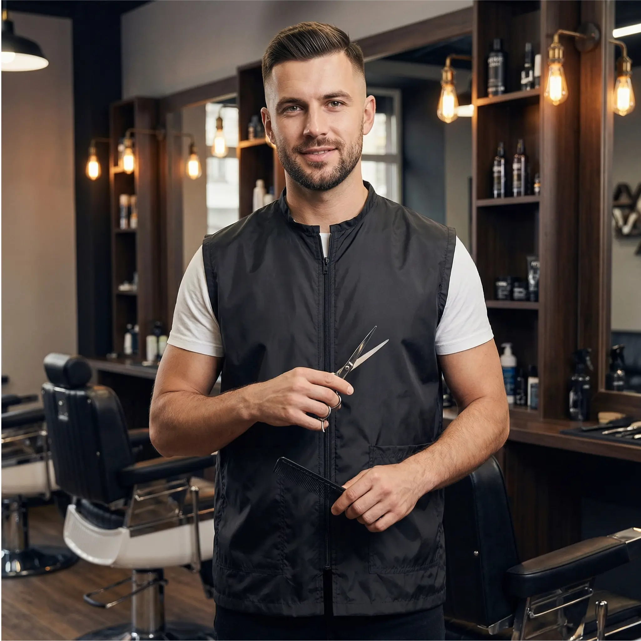 Women's Sleeveless Polyester Smock Vest Tops - Regale Barber Supply Professional Hair-Repellent Workwear with Zipper, Fabric Pockets, Barber Look, Bleach‑Proof