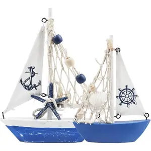 Mini Sailboat Model Decoration 2 PCS Wooden Sailing Boat Home Decor Set Nautical Decoration Sailing Boat Ornaments Sailboat Models for Bedroom Office Bathroom Desktop Decoration(Navy Blue)