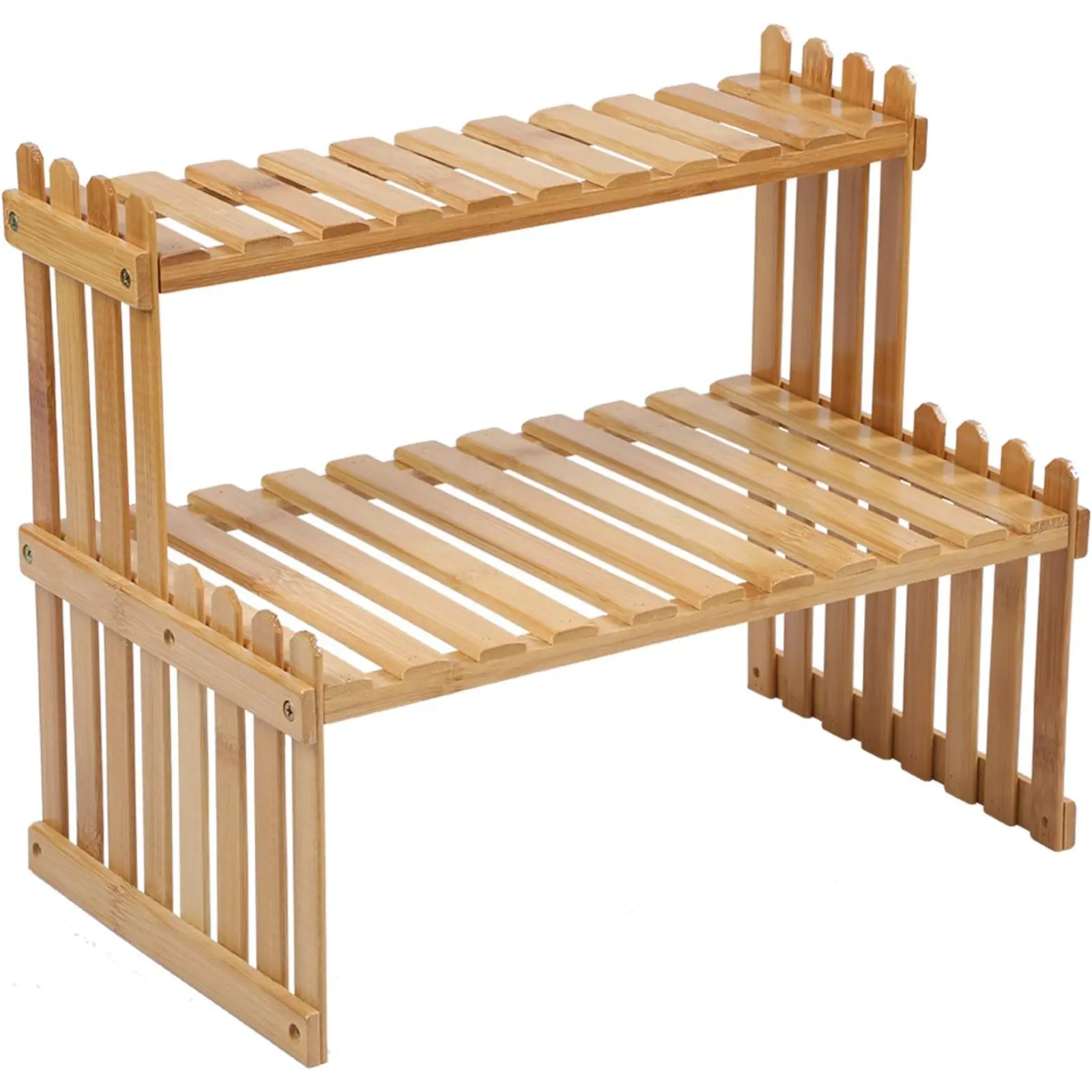 2 Tiers Bamboo Plant Stand Shelf Desk Flowerpot Holder Adjustable Desktop Organizer Ladder Rack for Office Decor Storage Kitchen Rack 14.6" Length Stair-Step Style Design
