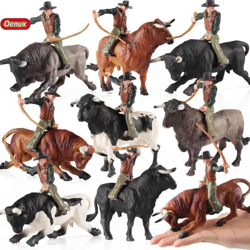 Oenux Solid PVC Farm Animal Lineup Action Figures Model Set - Bullfighting Cowboy, Poultry, Cattle, Calf, Bull Decor Statues, Kids' Toys with Approximate Size, Home Decor Gift