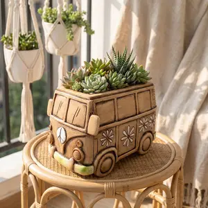 Vintage Hippie Van Design Resin Planter, Succulent Planter, Creative Flower Pot for Indoor & Outdoor Decor, Versatile Room Accent, Garden Supplies, Garden Accessories, Planter Pots, Outdoor Planters