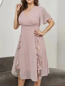 P030v Directional Neckline Ruffle Sleeve Embroidered Womenswear Dress, Feminine Elegant Floral Embroidery Design, Perfect for Special Occasions, Unique Style, Summer