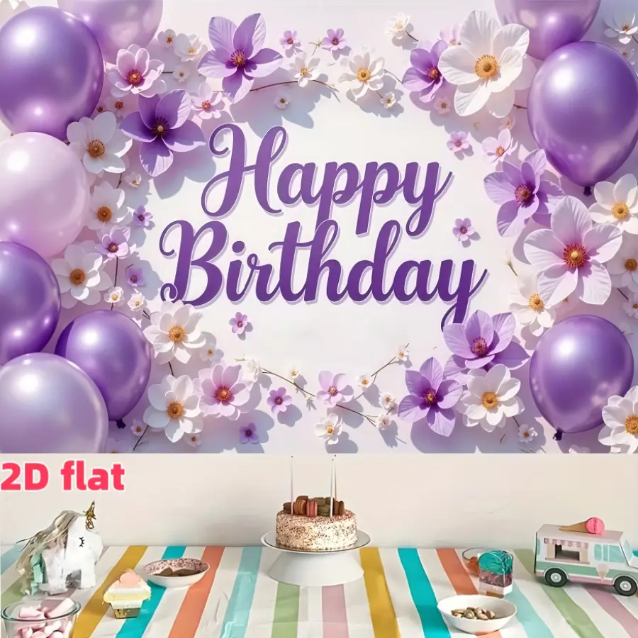 Purple Birthday and Baptismal Party Banner - Elegant Purple Flower Decoration with Balloon - Durable Polyester Fabric, Suitable for Living Room, Bedroom, Office, Birthday, Anniversary and Home Decoration, Outdoor and Indoor Parties, Photography Background