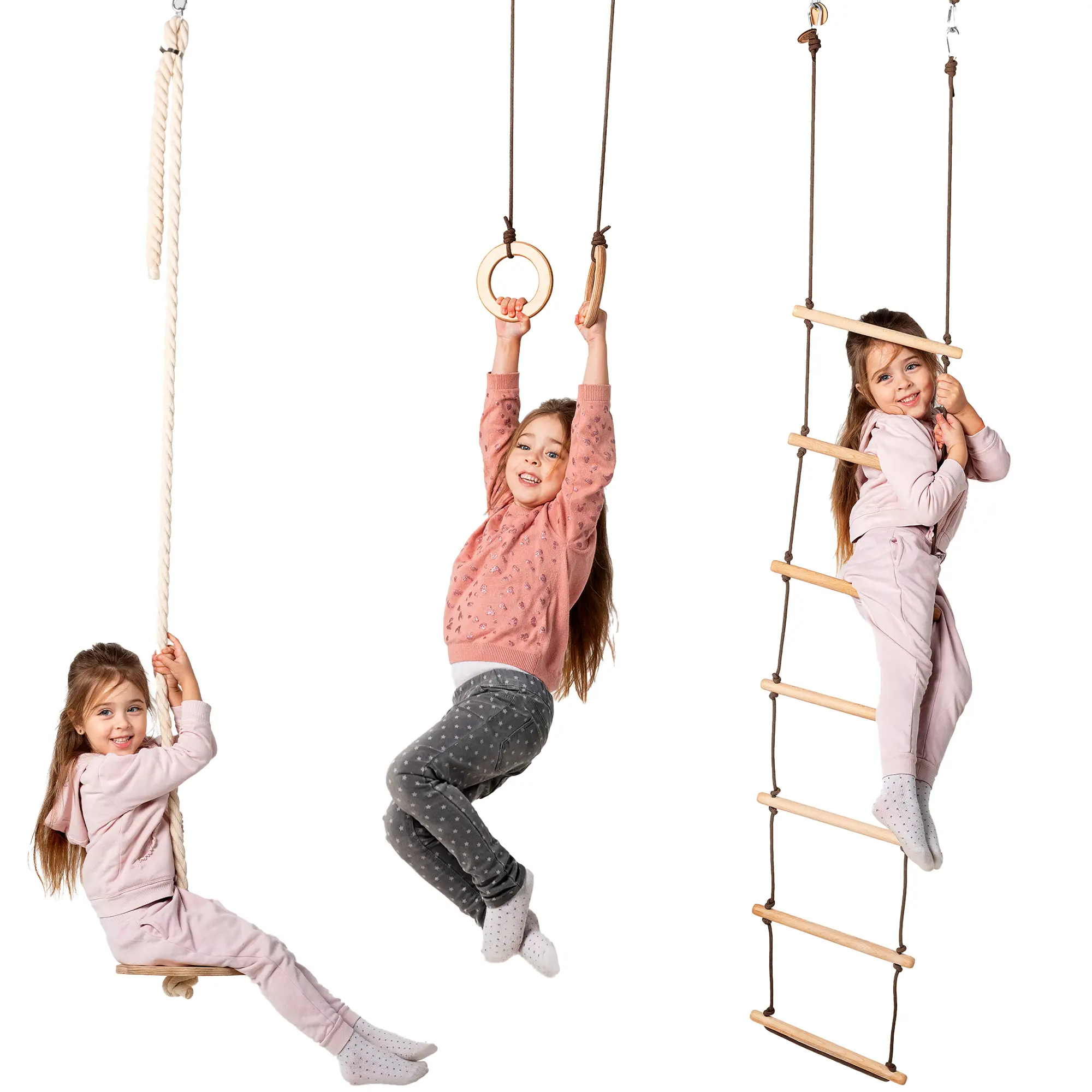 Montessori 3-in-1 Hanging Rope Active Set - Indoor Outdoor Kids Disc Swing, Gymnastics Rings & Suspension Rungs Activity Station