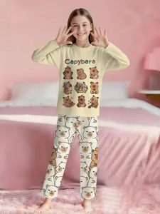 Nine-grid Capybara Pajamas, Pastel Cute Pajamas, Milk yellow background + Q-version emoticons, 2-piece set including long-sleeved pajamas and long sleep pants for girls with digital printing, made of flame-retardant fabric. It is casual, comfortable an