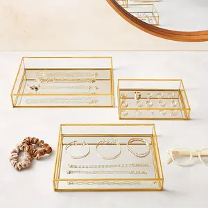 Set of 3 Golden Mirror Vanity Tray for Perfume, Makeup Display, Decorative Rectangle Glass Jewelry Organizer for Bathroom, Dresser (3 Sizes), Non-Food Contact