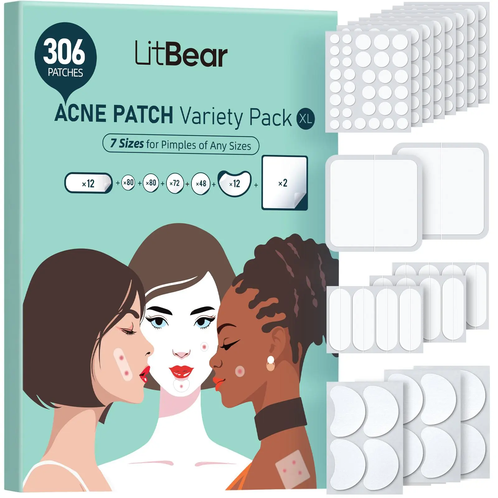 LitBear Skincare Large Pimple Patches 7 Sizes 306 Patches Acne Spot Treatment XL Hydrocolloid Bandages for Full Face Forehead Back and Body Skincare Mothers Day Gifts #Summervibes #DealsForYouDays,travel essentials