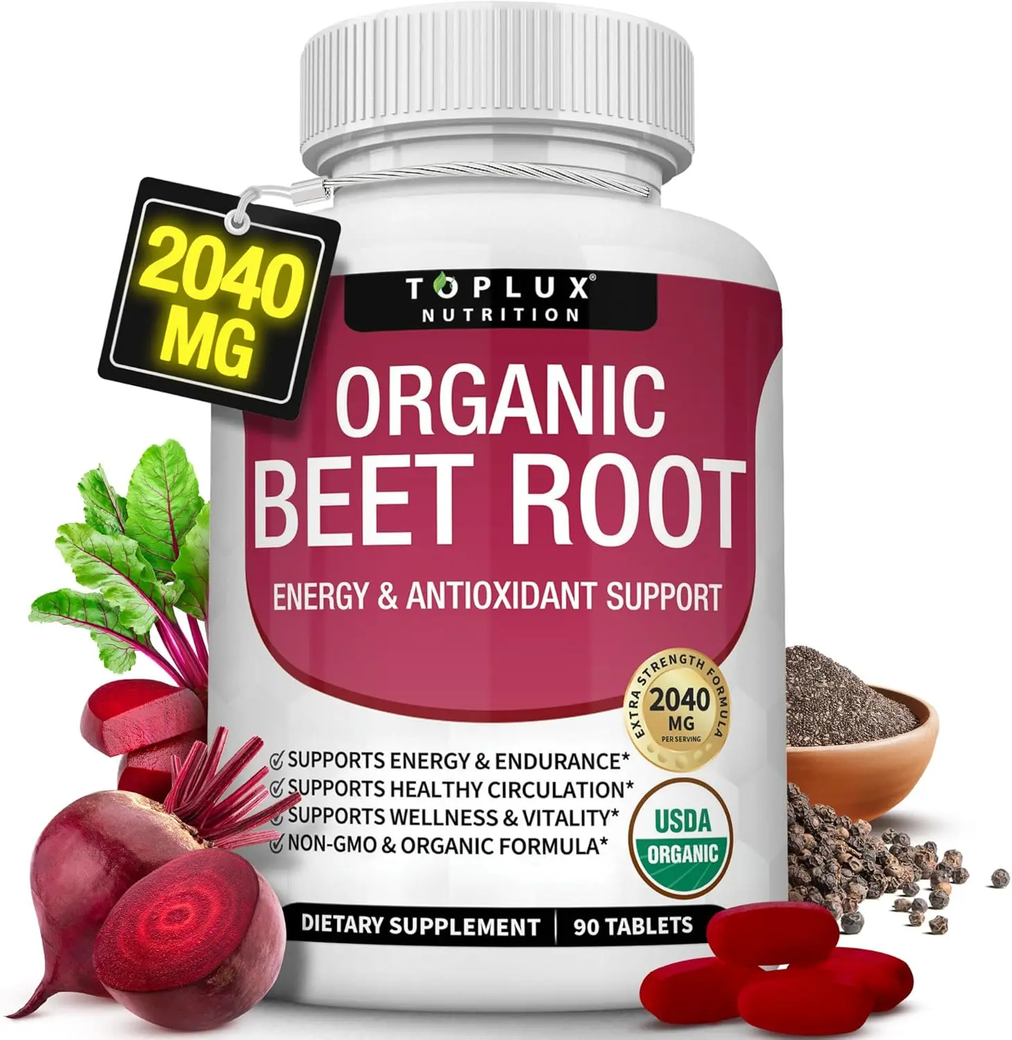 2040mg Organic Beet Root Powder Tablets Black Pepper Extract Nitric Oxide Booster Vegan Beet Root Supplement 90 Count Vitamin Collagen Natural Edible Fitness Organic Beet Root Powder, Black Pepper Extract
