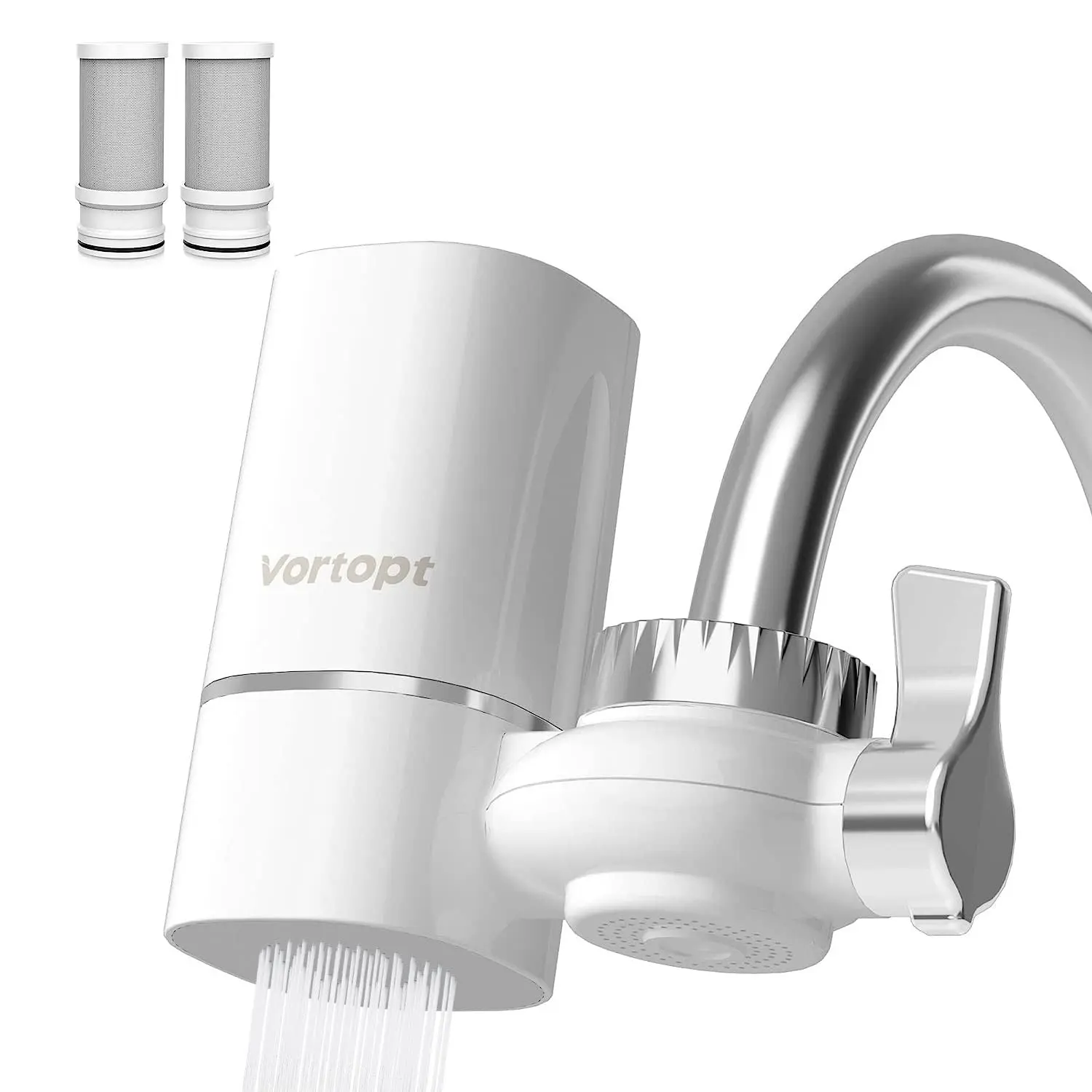 Vortopt Faucet Kitchen Sink Water Filter for Sink, Rapid Flow - 400 Gallons Faucet Mount Home Water Filtration System for Tap Water, NSF Certified Reduces Chlorine & Bad Taste with 2 Sediment Carbon Filter Replacements, T1