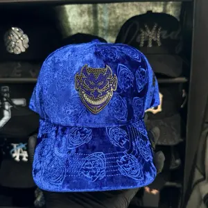 Chuky Hats - Blue Velvet Cap with Embroidered Design and Gold Trim