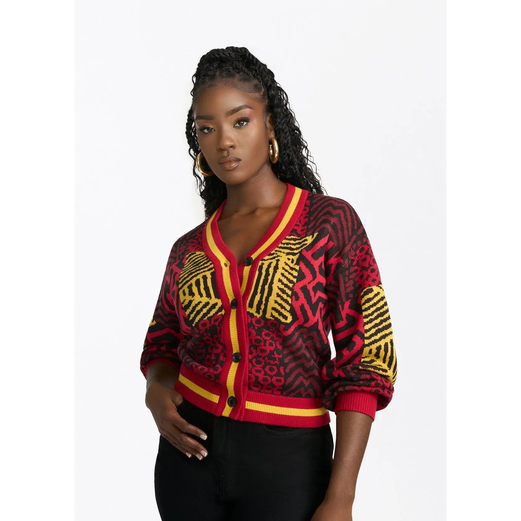 Ayaan Women's African Print Cropped Cardigan (Black Cherry Multipattern)