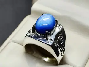 Natural 6 Carat Blue Sapphire Star Sterling Silver 925 Handmade Men's Lattice Ring Gift for Him